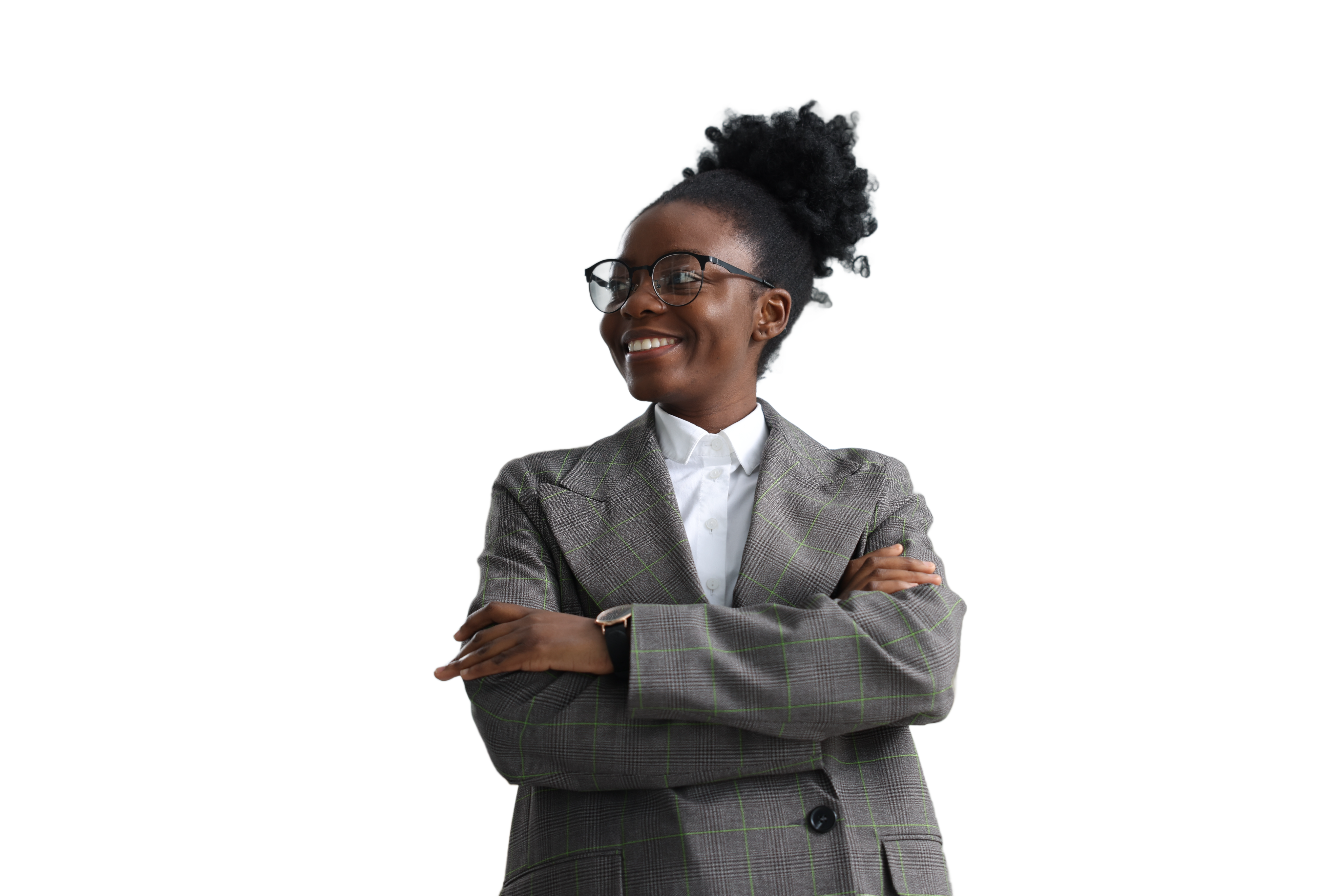 Professional woman in a plaid blazer smiling